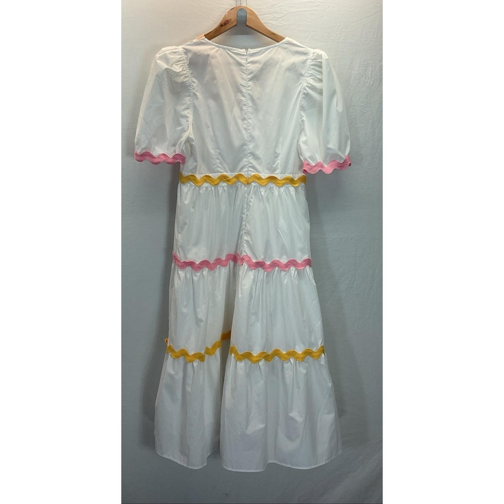 Entro Rainbow Stripe‎ Puff Sleeve Midi Dress Size L Tiered Boho Beach V Neck - Picture 4 of 10